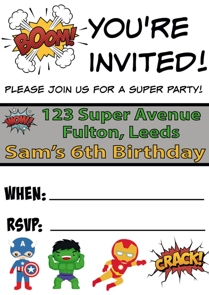 10 X Personalised Printed Calling All Superheros 4 INSPIRED STYLE Invites