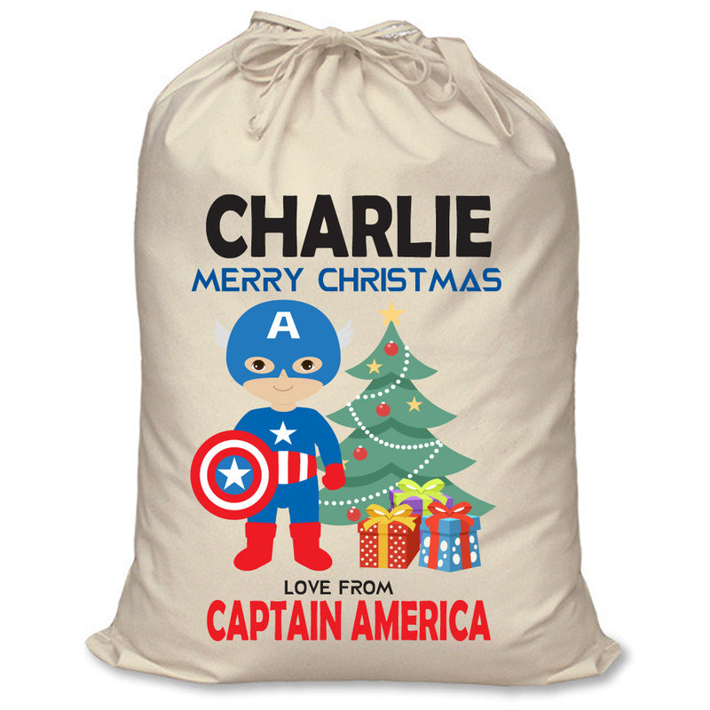 PERSONALISED Cartoon Inspired Super Hero Captain USA CHARLIE - XL Children's Christmas Santa Sack CUSTOMISE Present