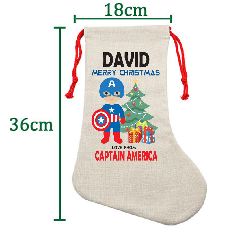 PERSONALISED Cartoon Inspired Super Hero Captain USA DAVID HIGH QUALITY Large CHRISTMAS STOCKING - Any Name you want!