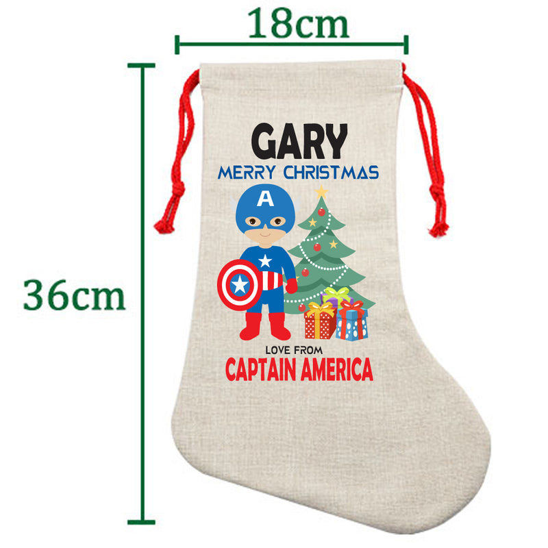 PERSONALISED Cartoon Inspired Super Hero Captain USA GARY HIGH QUALITY Large CHRISTMAS STOCKING - Any Name you want!