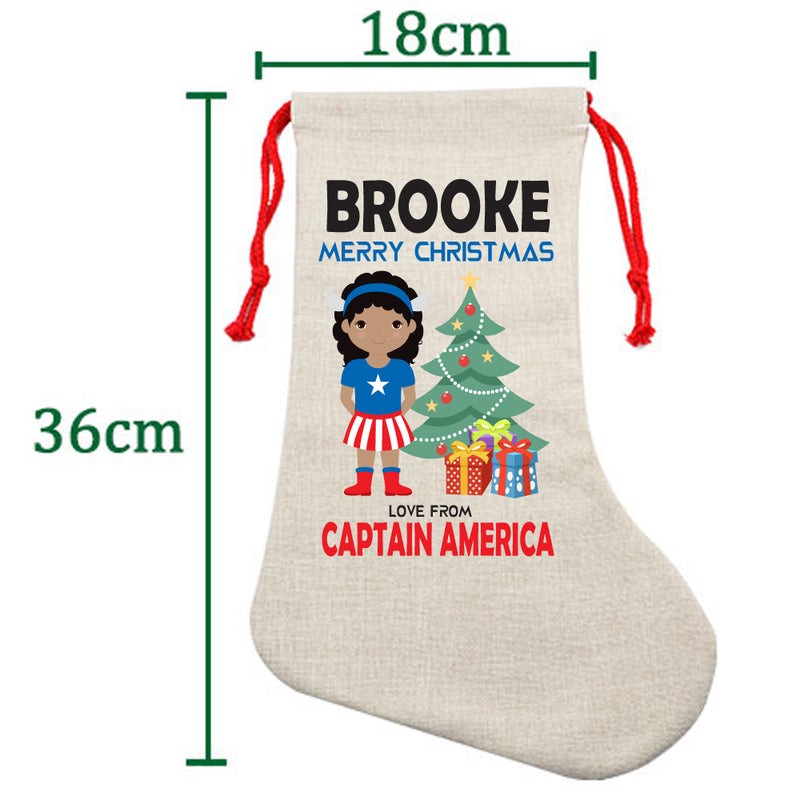 PERSONALISED Cartoon Inspired Super Hero Captain USA Girl BROOKE HIGH QUALITY Large CHRISTMAS STOCKING - Any Name you want!