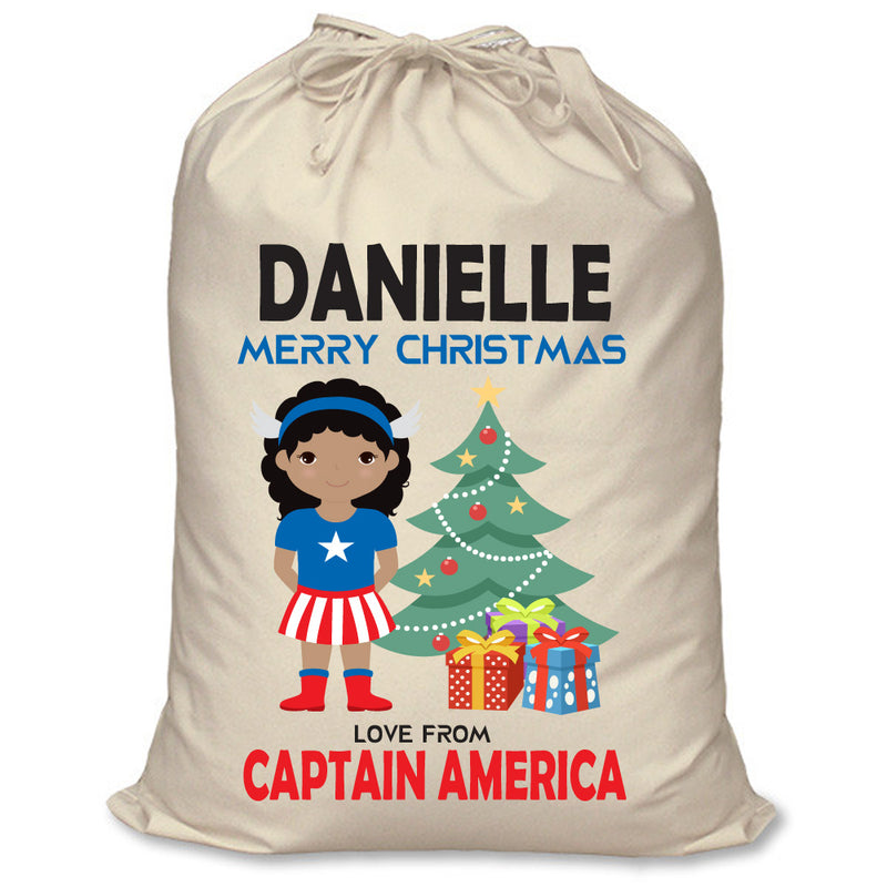PERSONALISED Cartoon Inspired Super Hero Captain USA Girl DANIELLE - XL Children's Christmas Santa Sack CUSTOMISE Present