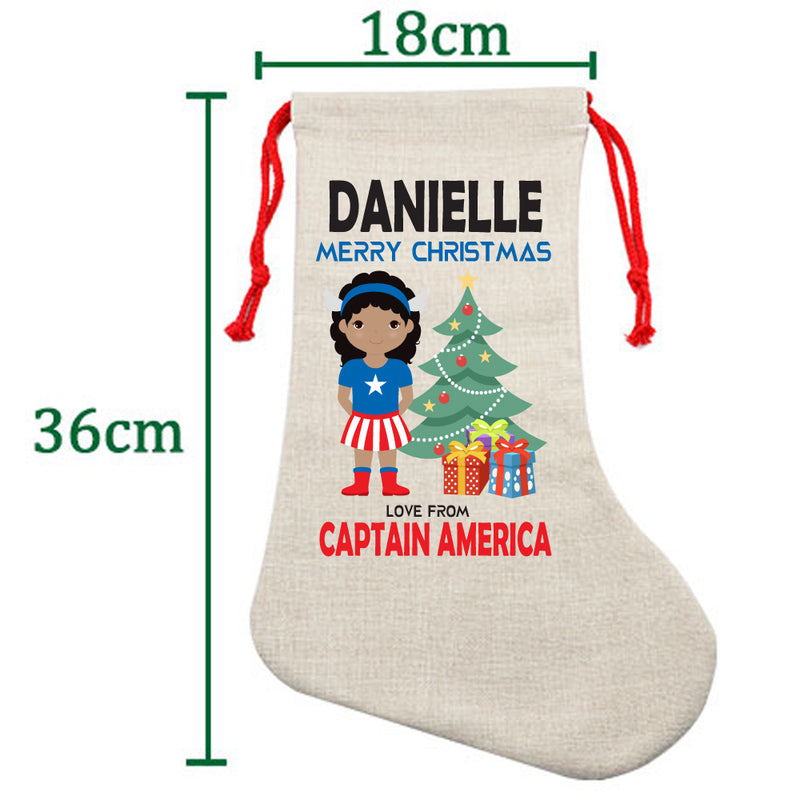 PERSONALISED Cartoon Inspired Super Hero Captain USA Girl DANIELLE HIGH QUALITY Large CHRISTMAS STOCKING - Any Name you want!
