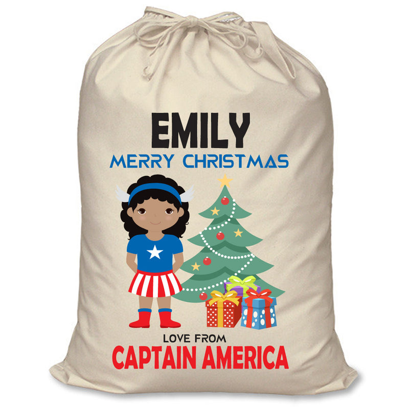 PERSONALISED Cartoon Inspired Super Hero Captain USA Girl EMILY - XL Children's Christmas Santa Sack CUSTOMISE Present
