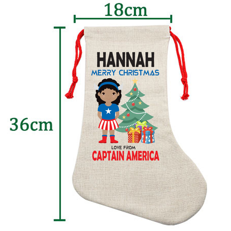 PERSONALISED Cartoon Inspired Super Hero Captain USA Girl HANNAH HIGH QUALITY Large CHRISTMAS STOCKING - Any Name you want!