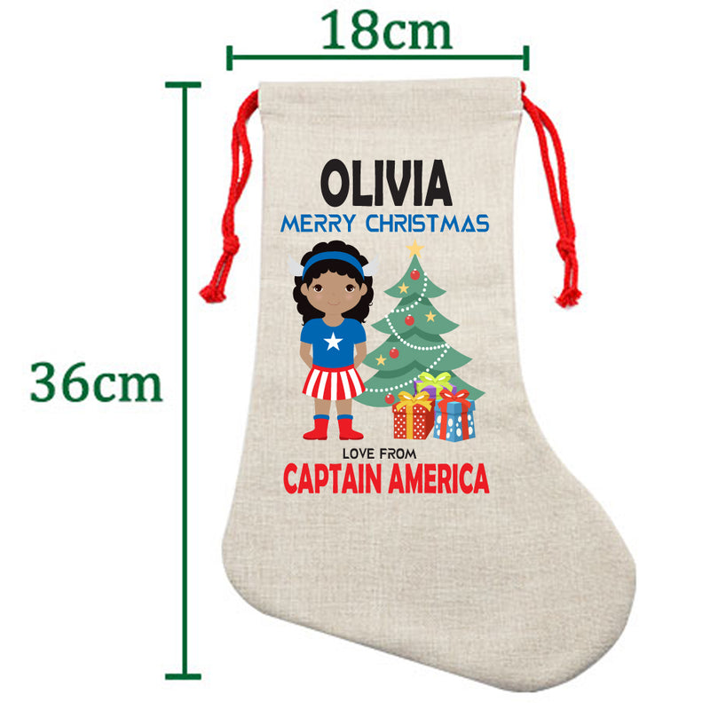 PERSONALISED Cartoon Inspired Super Hero Captain USA Girl OLIVIA HIGH QUALITY Large CHRISTMAS STOCKING - Any Name you want!