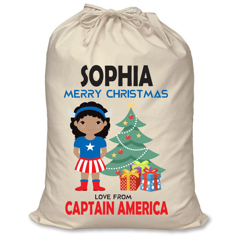 PERSONALISED Cartoon Inspired Super Hero Captain USA Girl SOPHIA - XL Children's Christmas Santa Sack CUSTOMISE Present