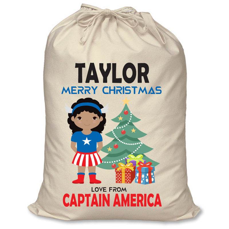 PERSONALISED Cartoon Inspired Super Hero Captain USA Girl TAYLOR - XL Children's Christmas Santa Sack CUSTOMISE Present