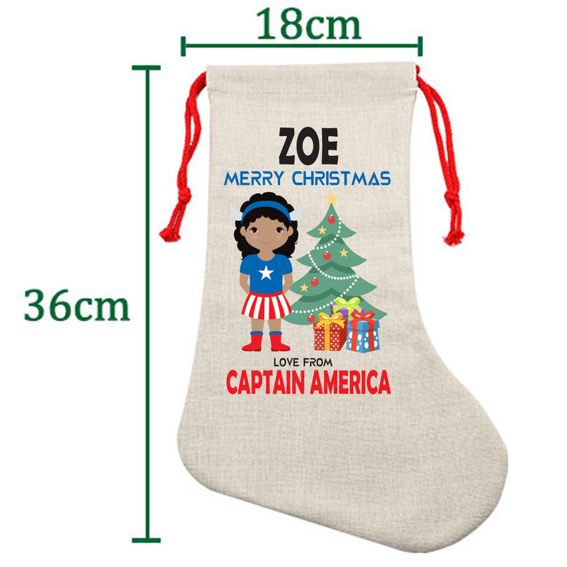 PERSONALISED Cartoon Inspired Super Hero Captain USA Girl ZOE HIGH QUALITY Large CHRISTMAS STOCKING - Any Name you want!