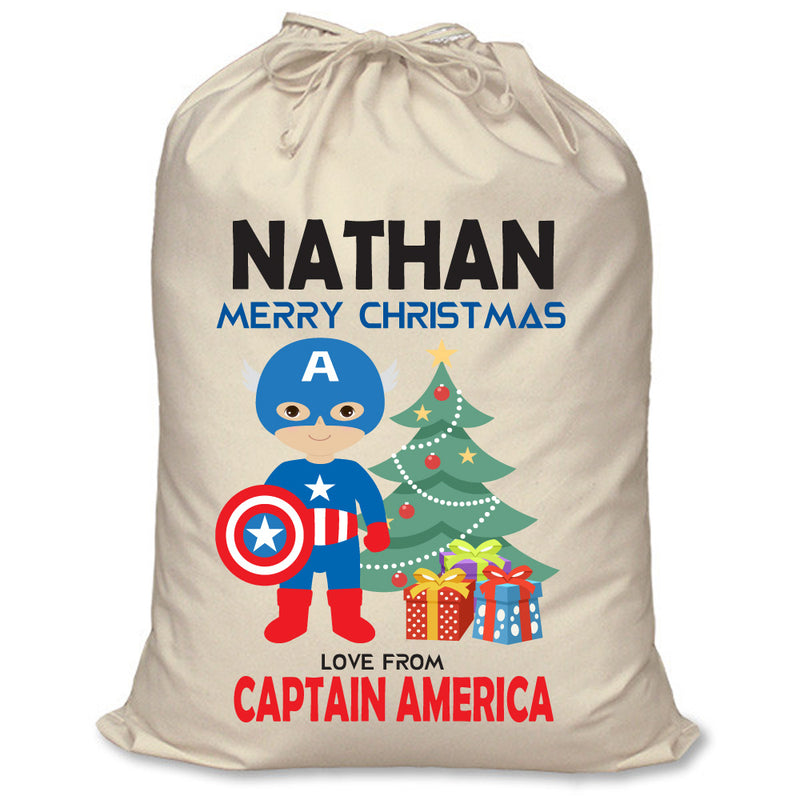 PERSONALISED Cartoon Inspired Super Hero Captain USA NATHAN - XL Children's Christmas Santa Sack CUSTOMISE Present