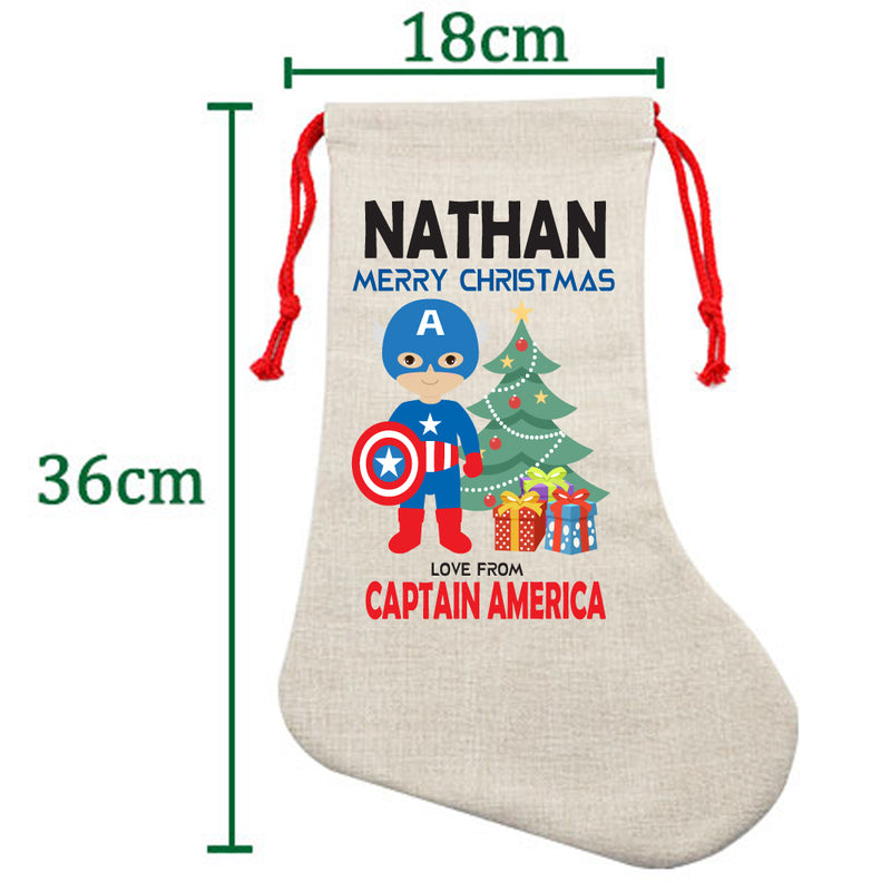PERSONALISED Cartoon Inspired Super Hero Captain USA NATHAN HIGH QUALITY Large CHRISTMAS STOCKING - Any Name you want!