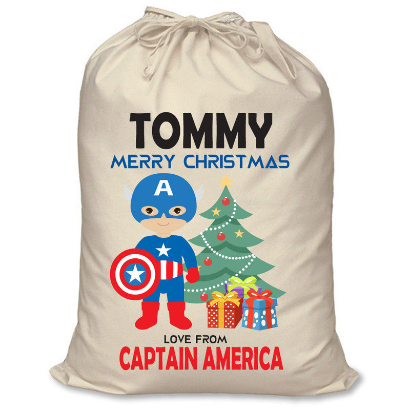PERSONALISED Cartoon Inspired Super Hero Captain USA TOMMY - XL Children's Christmas Santa Sack CUSTOMISE Present