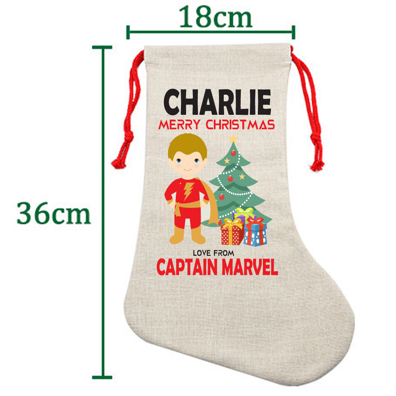 PERSONALISED Cartoon Inspired Super Hero Captain Marvell CHARLIE HIGH QUALITY Large CHRISTMAS STOCKING - Any Name you want!