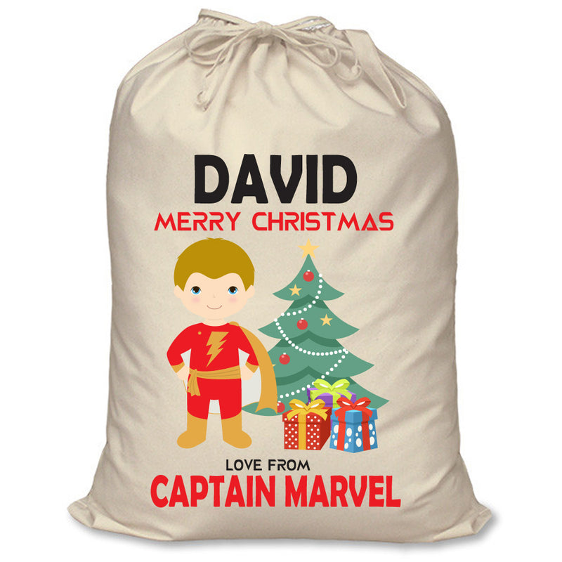 PERSONALISED Cartoon Inspired Super Hero Captain Marvell DAVID - XL Children's Christmas Santa Sack CUSTOMISE Present