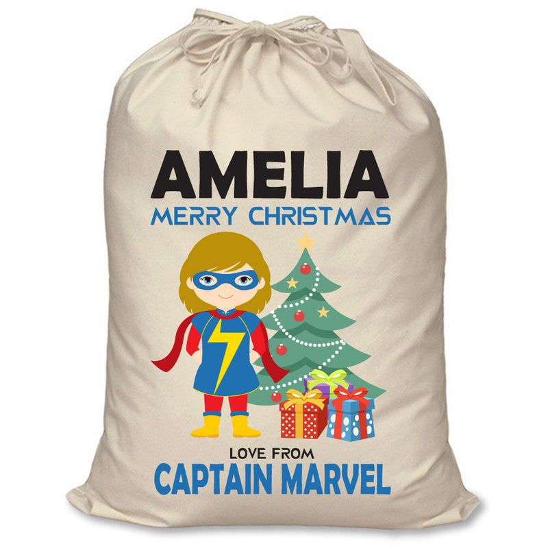 PERSONALISED Cartoon Inspired Super Hero Captain Marvell Girl - XL Children's Christmas Santa Sack CUSTOMISE Present