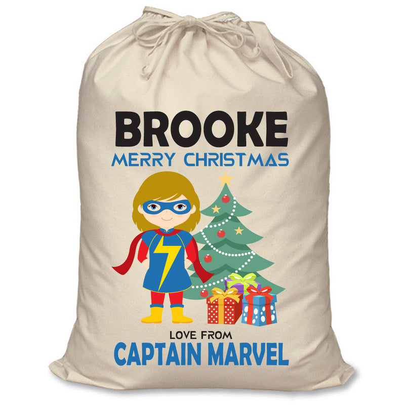 PERSONALISED Cartoon Inspired Super Hero Captain Marvell Girl BROOKE - XL Children's Christmas Santa Sack CUSTOMISE Present