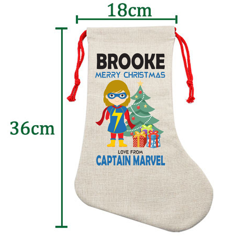 PERSONALISED Cartoon Inspired Super Hero Captain Marvell Girl BROOKE HIGH QUALITY Large CHRISTMAS STOCKING - Any Name you want!