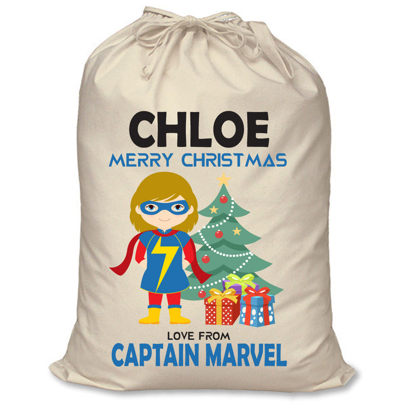 PERSONALISED Cartoon Inspired Super Hero Captain Marvell Girl CHLOE - XL Children's Christmas Santa Sack CUSTOMISE Present