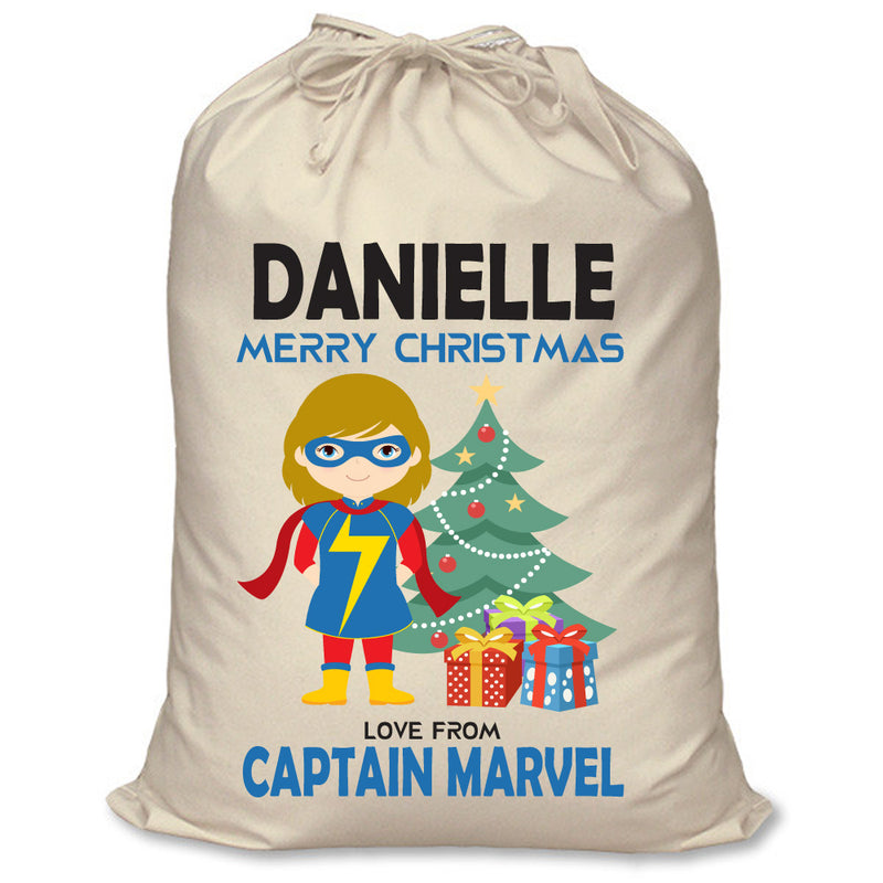 PERSONALISED Cartoon Inspired Super Hero Captain Marvell Girl DANIELLE - XL Children's Christmas Santa Sack CUSTOMISE Present