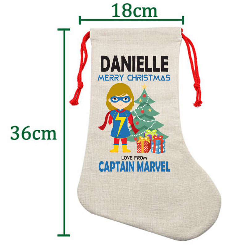 PERSONALISED Cartoon Inspired Super Hero Captain Marvell Girl DANIELLE HIGH QUALITY Large CHRISTMAS STOCKING - Any Name you want!