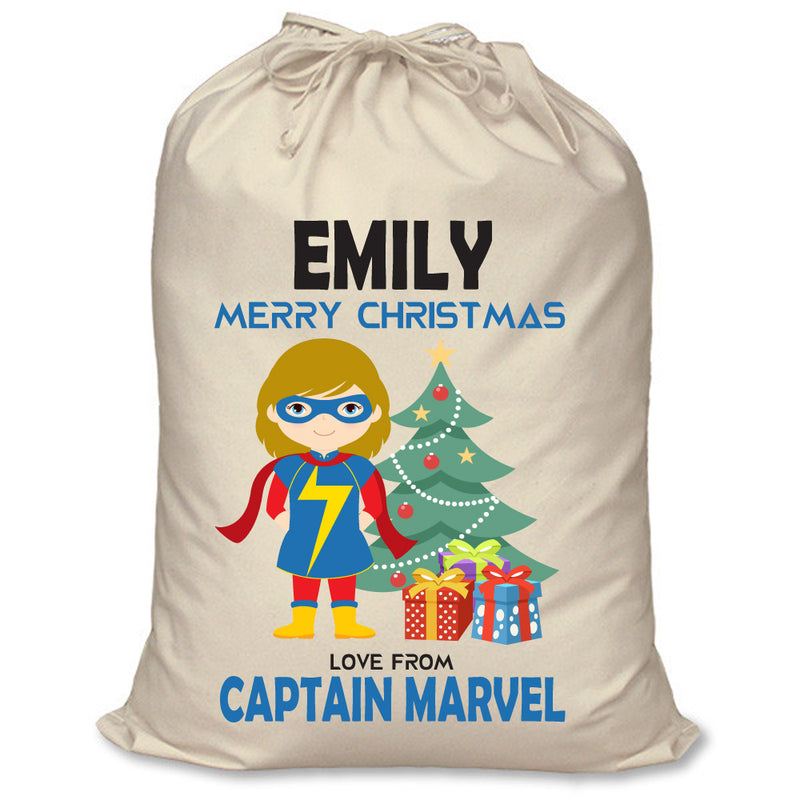 PERSONALISED Cartoon Inspired Super Hero Captain Marvell Girl EMILY - XL Children's Christmas Santa Sack CUSTOMISE Present