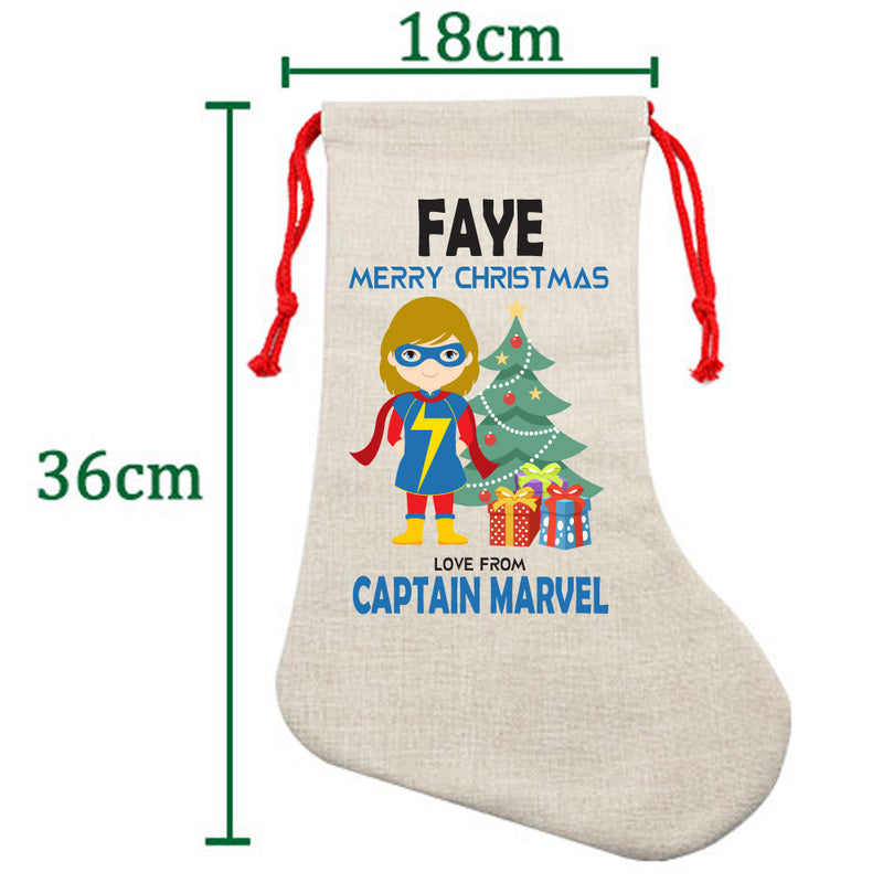 PERSONALISED Cartoon Inspired Super Hero Captain Marvell Girl FAYE HIGH QUALITY Large CHRISTMAS STOCKING - Any Name you want!