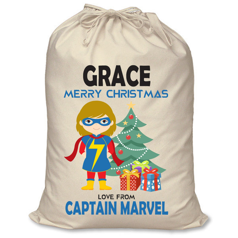 PERSONALISED Cartoon Inspired Super Hero Captain Marvell Girl GRACE - XL Children's Christmas Santa Sack CUSTOMISE Present