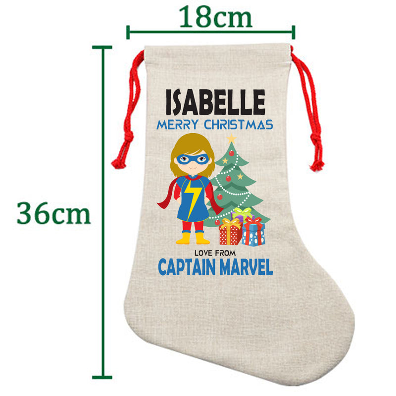 PERSONALISED Cartoon Inspired Super Hero Captain Marvell Girl ISBELLE HIGH QUALITY Large CHRISTMAS STOCKING - Any Name you want!
