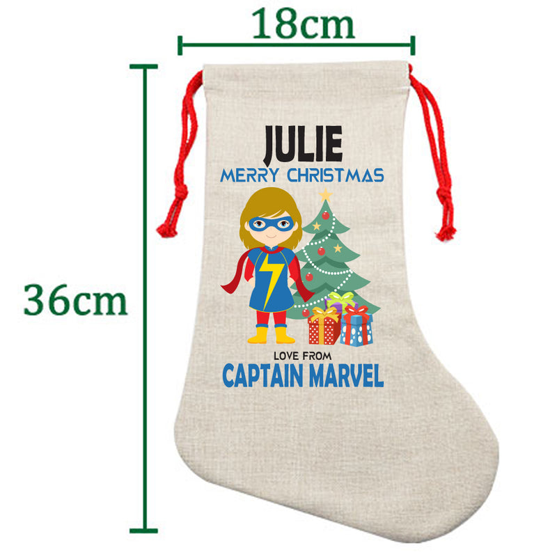 PERSONALISED Cartoon Inspired Super Hero Captain Marvell Girl JULIE HIGH QUALITY Large CHRISTMAS STOCKING - Any Name you want!