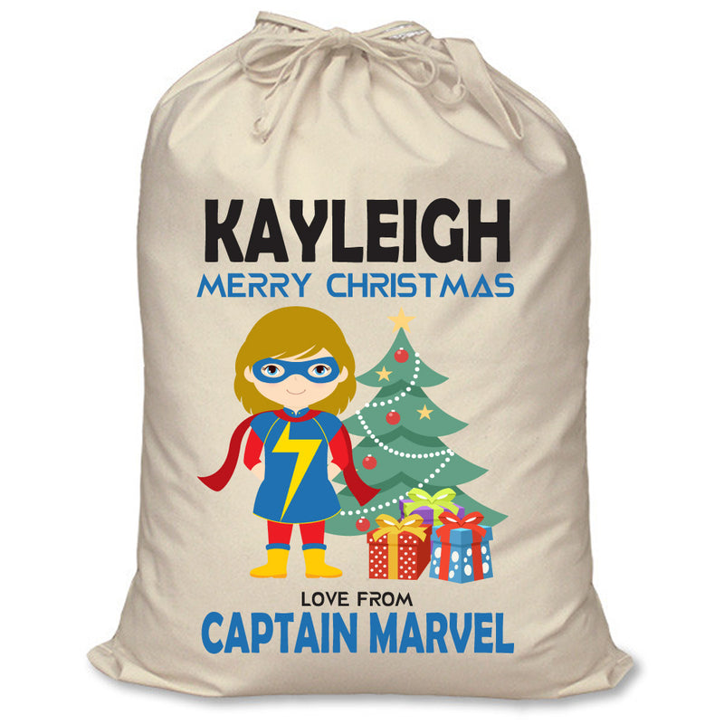 PERSONALISED Cartoon Inspired Super Hero Captain Marvell Girl KAYLEIGH - XL Children's Christmas Santa Sack CUSTOMISE Present