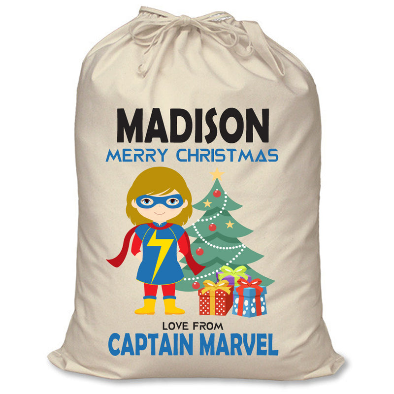 PERSONALISED Cartoon Inspired Super Hero Captain Marvell Girl MADISON - XL Children's Christmas Santa Sack CUSTOMISE Present