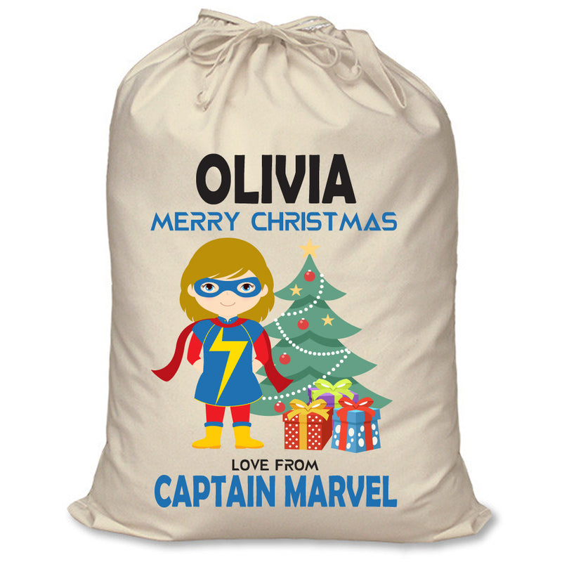 PERSONALISED Cartoon Inspired Super Hero Captain Marvell Girl OLIVIA - XL Children's Christmas Santa Sack CUSTOMISE Present