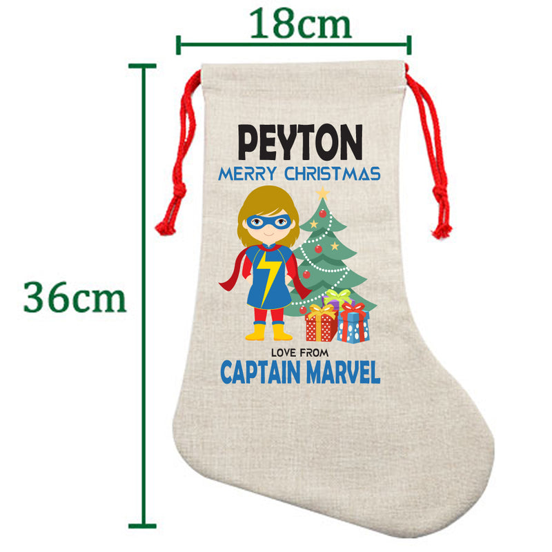 PERSONALISED Cartoon Inspired Super Hero Captain Marvell Girl PEYTON HIGH QUALITY Large CHRISTMAS STOCKING - Any Name you want!