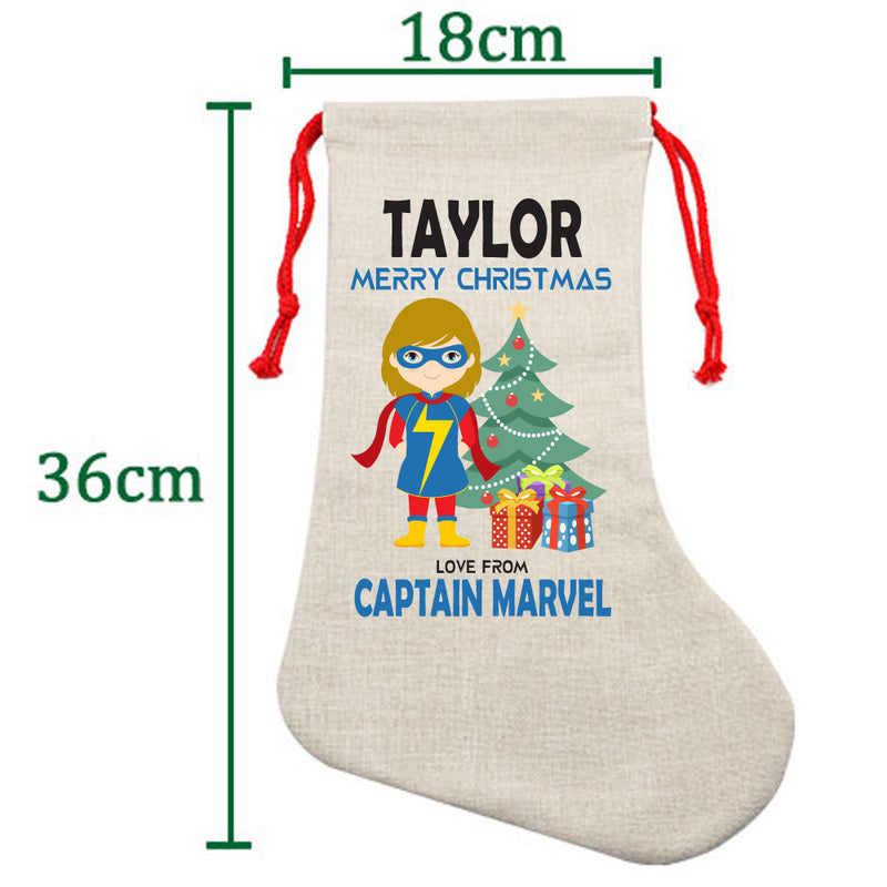 PERSONALISED Cartoon Inspired Super Hero Captain Marvell Girl TAYLOR HIGH QUALITY Large CHRISTMAS STOCKING - Any Name you want!