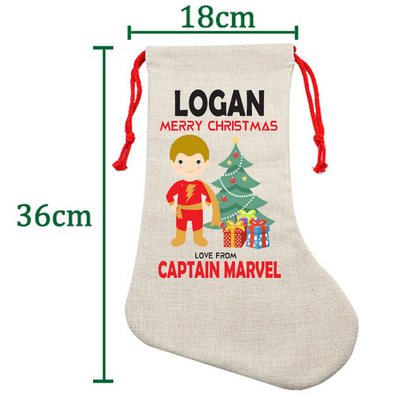 PERSONALISED Cartoon Inspired Super Hero Captain Marvell LOGAN HIGH QUALITY Large CHRISTMAS STOCKING - Any Name you want!