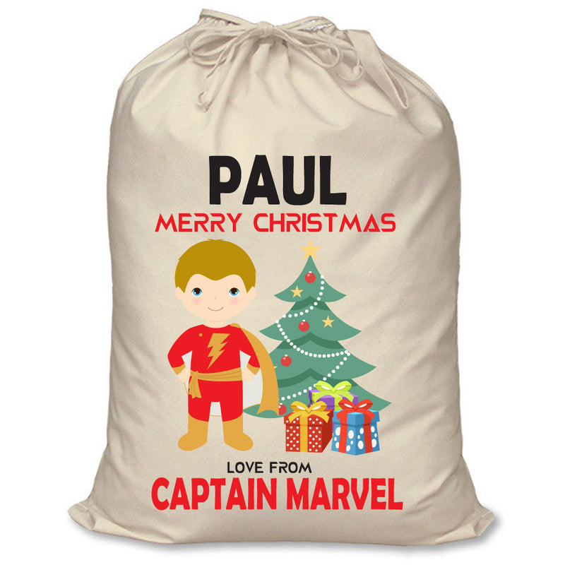 PERSONALISED Cartoon Inspired Super Hero Captain Marvell PAUL - XL Children's Christmas Santa Sack CUSTOMISE Present