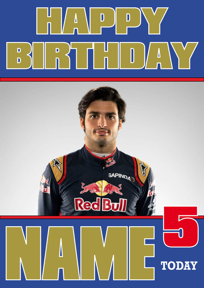 Personalised Carlos Sainz F1 THEME INSPIRED PERSONALISED Kids Adult Birthday Card