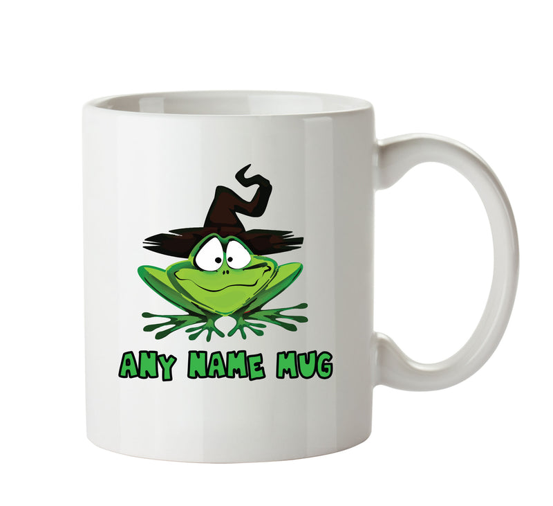 Personalised Cartoon Funny Frog With Witches Hat Mug