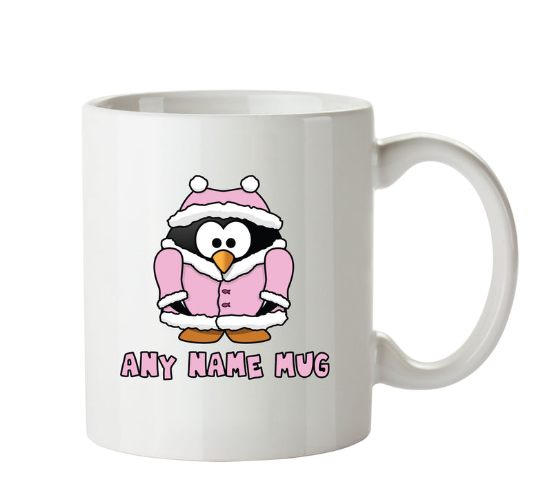 Personalised Cartoon Funny Pink Coat Penguin Mug