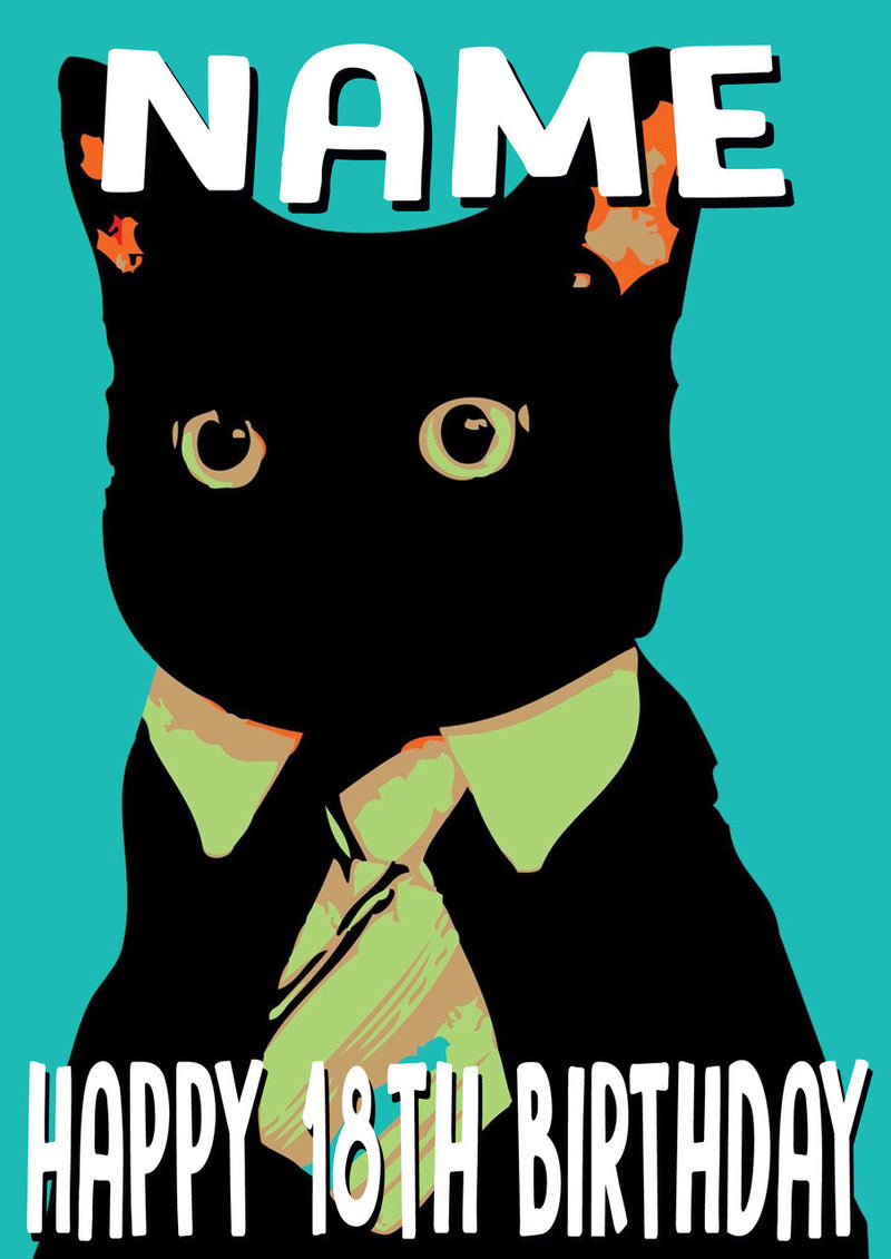 Cartoon Cat Tie Funny Kids Adult Personalised Birthday Card Gift Present