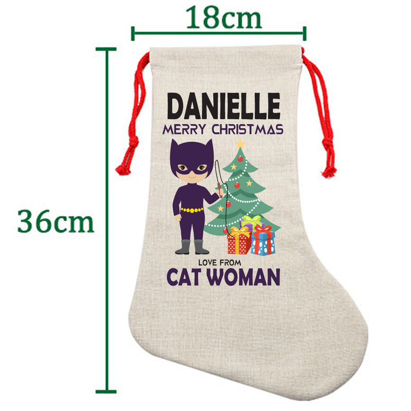 PERSONALISED Cartoon Inspired Super Hero Cat Woman DANIELLE HIGH QUALITY Large CHRISTMAS STOCKING - Any Name you want!
