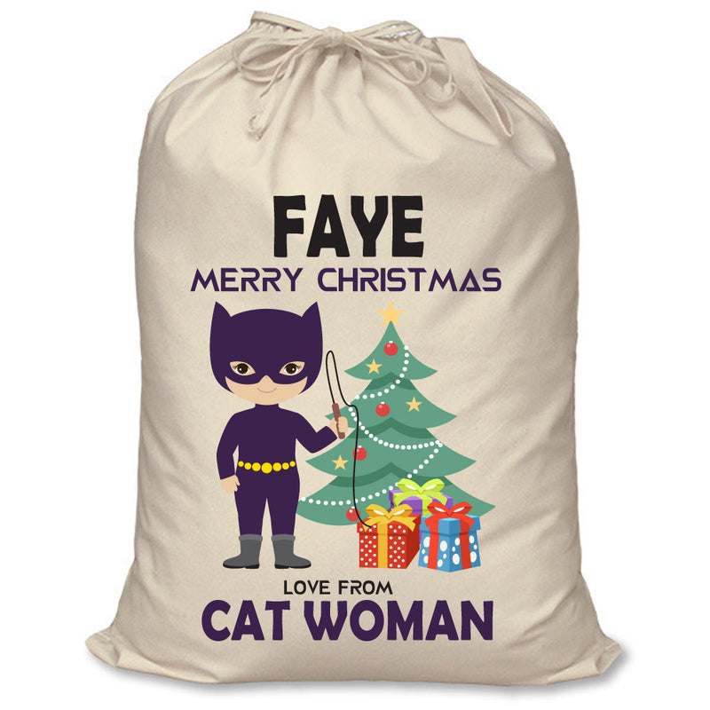 PERSONALISED Cartoon Inspired Super Hero Cat Woman FAYE - XL Children's Christmas Santa Sack CUSTOMISE Present