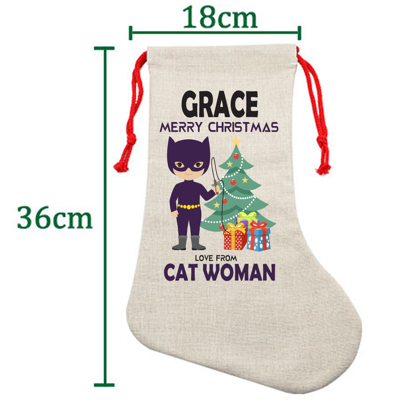 PERSONALISED Cartoon Inspired Super Hero Cat Woman GRACE HIGH QUALITY Large CHRISTMAS STOCKING - Any Name you want!