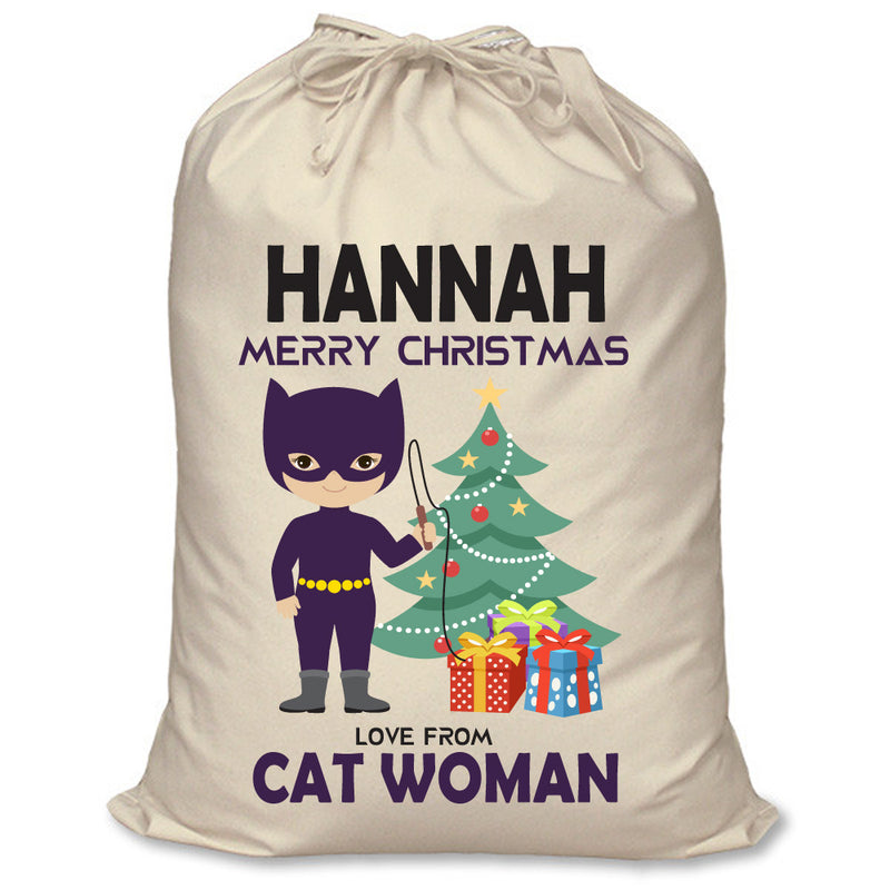 PERSONALISED Cartoon Inspired Super Hero Cat Woman HANNAH - XL Children's Christmas Santa Sack CUSTOMISE Present