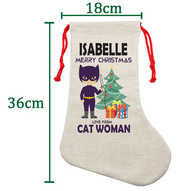 PERSONALISED Cartoon Inspired Super Hero Cat Woman ISABELLE HIGH QUALITY Large CHRISTMAS STOCKING - Any Name you want!
