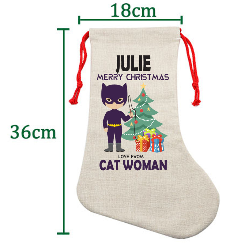 PERSONALISED Cartoon Inspired Super Hero Cat Woman JULIE HIGH QUALITY Large CHRISTMAS STOCKING - Any Name you want!