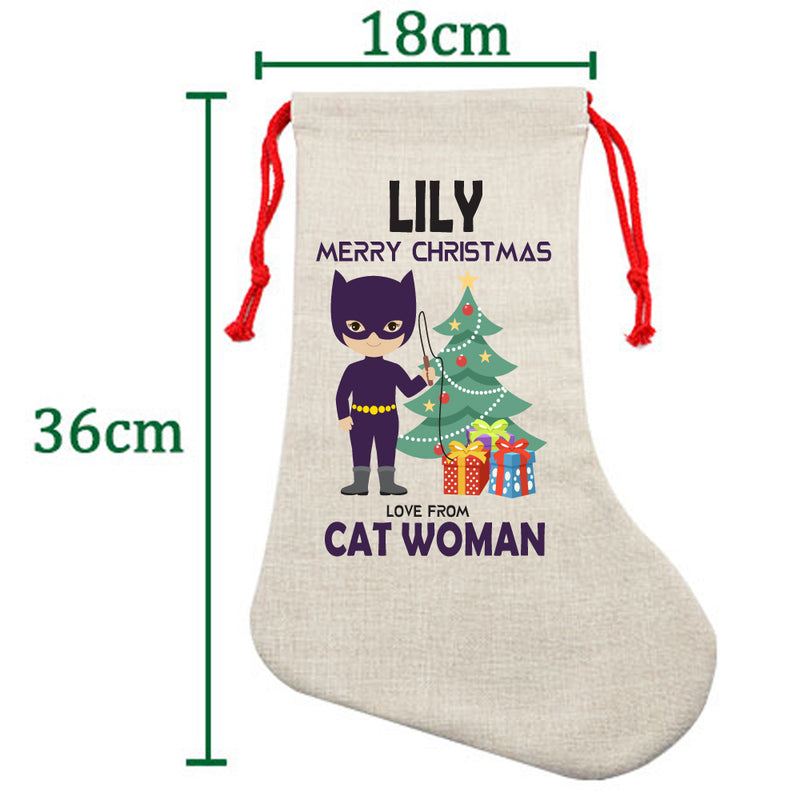PERSONALISED Cartoon Inspired Super Hero Cat Woman LILY HIGH QUALITY Large CHRISTMAS STOCKING - Any Name you want!