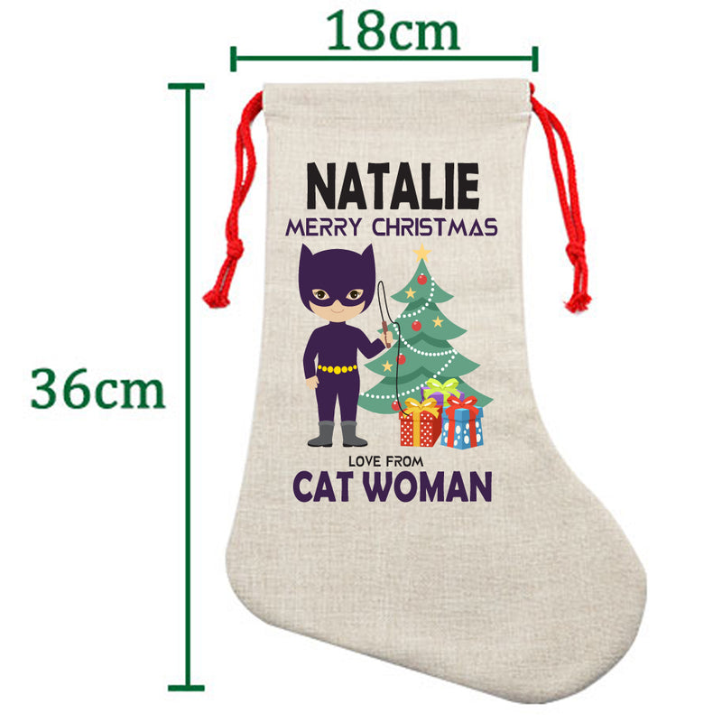 PERSONALISED Cartoon Inspired Super Hero Cat Woman NATALIE HIGH QUALITY Large CHRISTMAS STOCKING - Any Name you want!