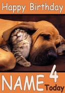Cat Asleep Under Dogs Ear Funny Kids Adult Personalised Birthday Card Gift Present