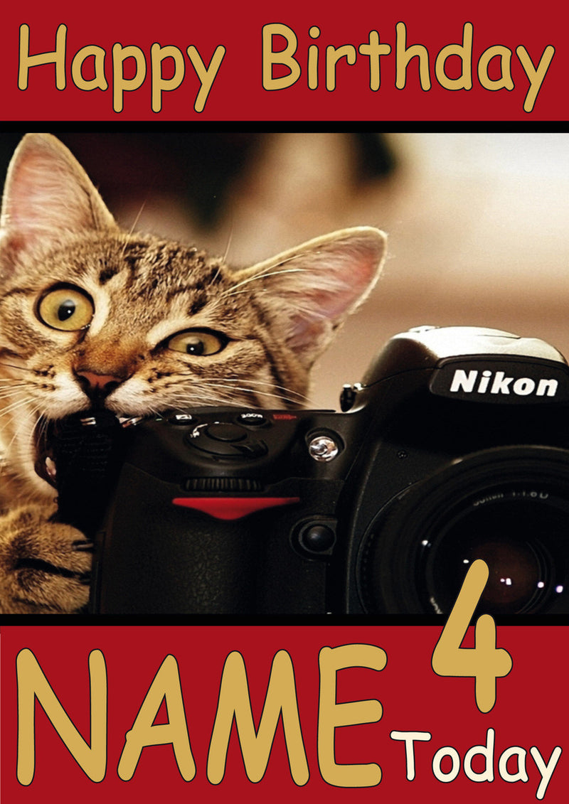 Cat Biting Camera Funny Kids Adult Personalised Birthday Card Gift Present